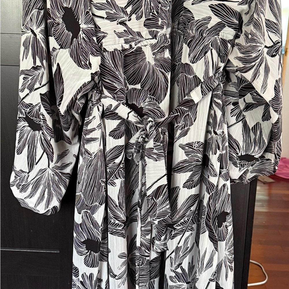 Black and White Tie Front Sundress with Bishop Sleeves